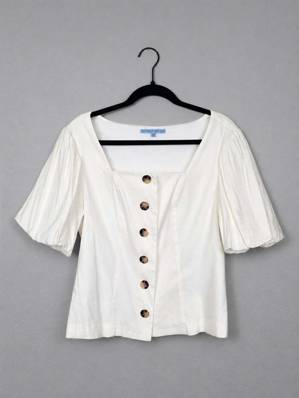 Antonio Melani Linen Blend Puff Sleeve Button Front Blouse Coastal Cottagecore